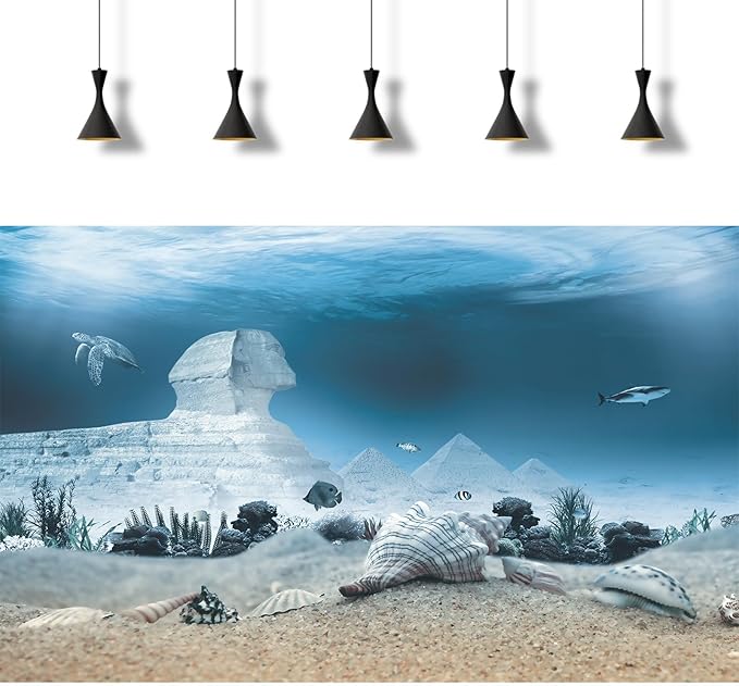 Aquarium Background Underwater Egyptian Sphinx and Pyramids Fish Tank Background Ocean Sea Bed Shells Coral Turtle Shark Tropical Marine Life Terrarium Backgrounds for Tank Decors 36x24in