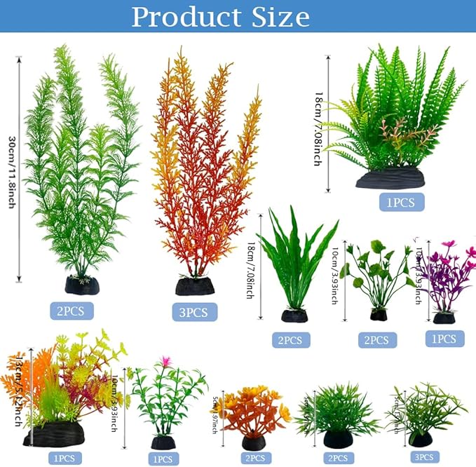 20Pcs Fish Tank Artificial Plastic Plants Decorations,Large Aquarium Decor Betta Goldfish Tank Accessories,Colorful Aquarium Plants,Various Sizes