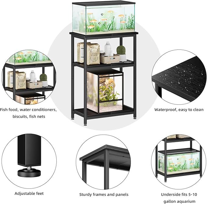 APPOLYN 5-10 Gallon Fish Tank Stand, Metal Aquarium Stand with Storage, 3-Tier Shelf Tank Stand, 10 Gallon Fish Tank Stand with 20.5" L x 11.4" W Tabletop, Black