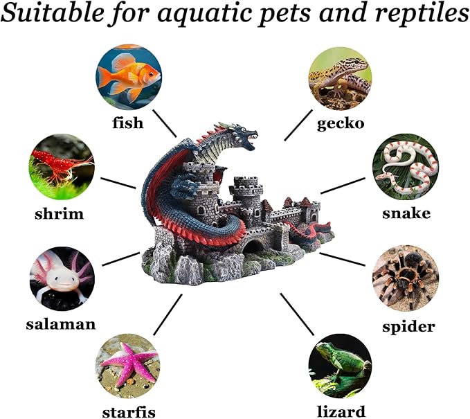 Dragon Castle Aquarium Ornament, Resin Large Fish Tank Decoration with Hiding Caves for Betta, Tropical Fish & Reptiles, Medieval Fantasy Underwater Landscape Decor-10.6 inches in Length