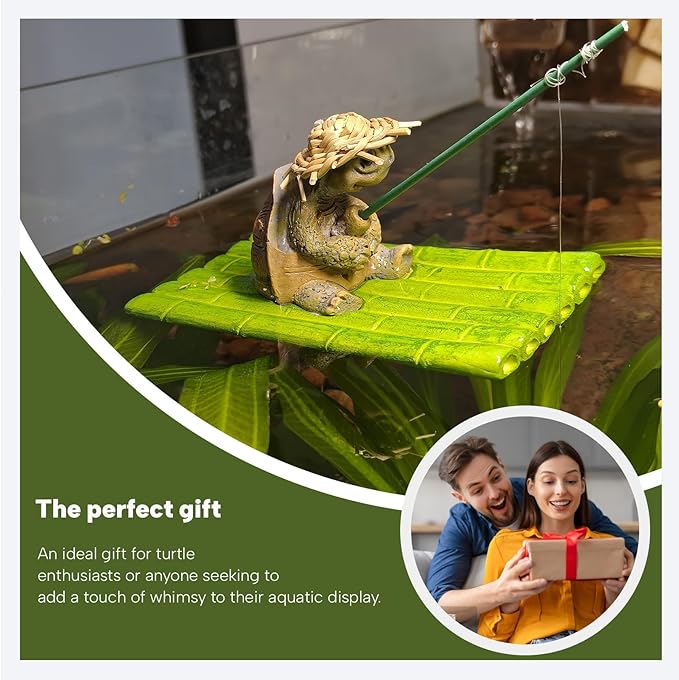 Resin Turtle on Leaf Raft Adorable Floating Aquarium Decor with Straw Hat Resin Figurine for Aquatic Fun