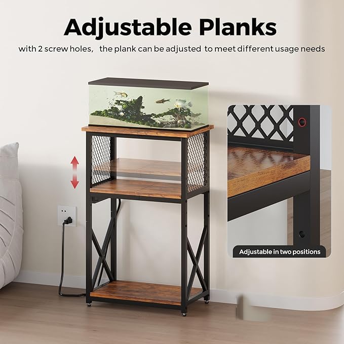 HavenlyYouth 10 Gallon Fish Tank Stand with Power Outlet, 3 Tier Aquarium Stand with Shelf, Turtle/Reptile Tank Stand for Home Office,Adjustable Boards, 20.47''L×11.42''W×30.91''H, Retro Brown