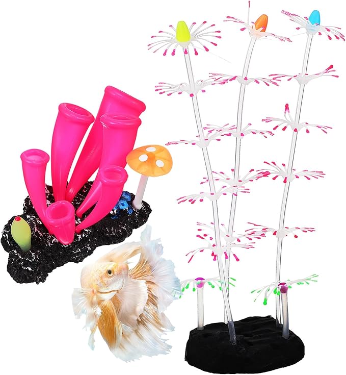 POPETPOP Glow in the Dark Fish Tank Decorations 2Pcs Artificial Coral Ornaments Silicone Aquarium Plants for Reef Decor 3.46X3.34X2.16In Safe Non-Toxic Aquarium Glow Decorations
