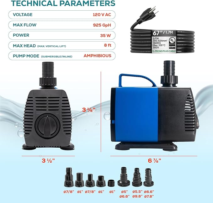 Aqua Dream 634 GPH Amphibious Water Pump - 35W Submersible or Inline External Pump with Corrosion Resistant Ceramic Shaft, 6.4ft Max Lift for Aquariums, Ponds, and Hydroponics - 6 Pcs
