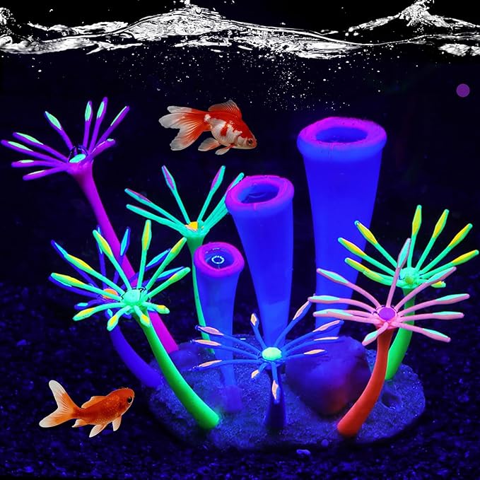 Glow in Dark Fish Tank Decorations for Aquarium, Artificial Soft Anemone Coral Plants Ornaments for Aquarium Decor Landscape, Silicone Fish Tank Accessories Decorations (Purple)