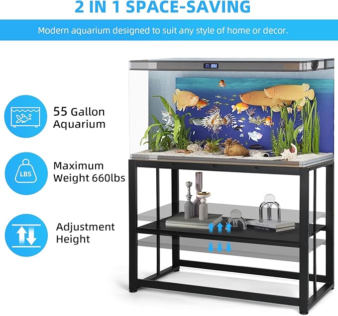 VOWNER 55-75 Gallon Fish Tank Stand - Metal Aquarium Stand, 48.4" x 14.9" x 29.5" Heavy Duty Reptile Tank Stand, Adjustable 2-Tier Fish Tank Rack Shelf for Home Office, Tank not Included, Black