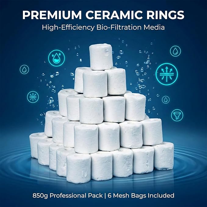 Sukh 6 Bags Ceramic Rings for Aquarium Filter - 850g Bio Ceramic Media Balls Replacement Biological Material Remover for Aquarium,Fish Tank,Pond,Canister Filter with 6 Mesh Bags