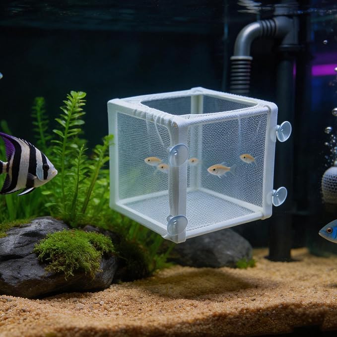 MY MIRONEY 6.3" x 5.63" x 6.22" Fish Incubator Mesh Box Aquarium Breeder Box White Nylon Mesh Juvenile Fish Separation Net Fry Hatchery with Suction Cups Pack of 2