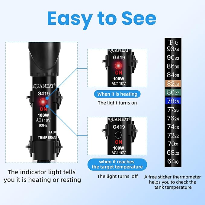 AQUANEAT Aquarium Heater, 100W Fish Tank Heater, Adjustable Submersible Water Thermostat with Thermometer