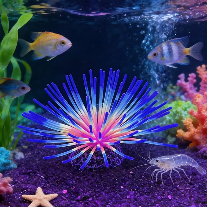 Fluorescent Rainbow Sea Urchin Aquarium Decor - Glows Under Blue Light, Weighted Silicone Ornament for Fish Tank with Swaying Spines, Saltwater & Freshwater, Vibrant Aquascape Centerpiece (Blue)