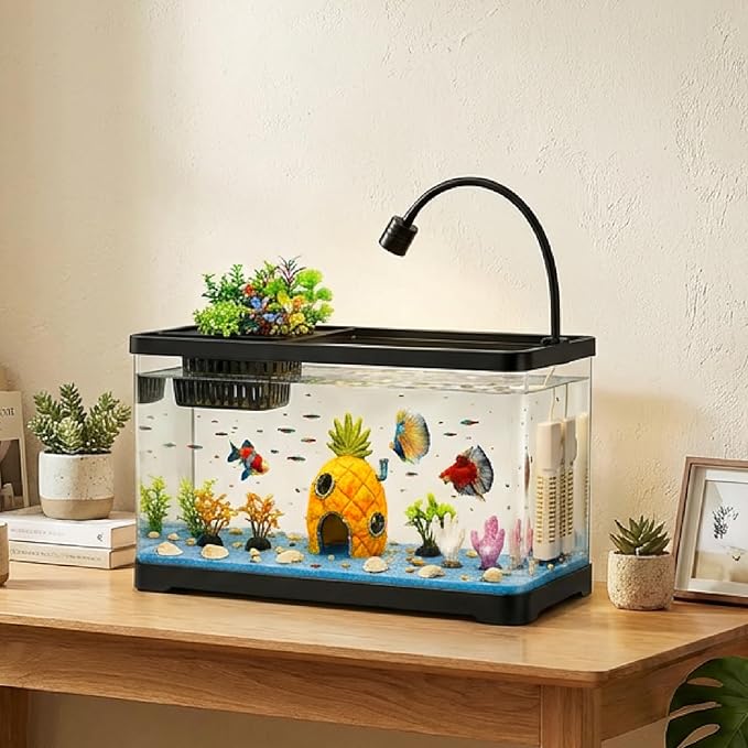 5 Gallon Fish Tank Aquarium Starter Kit with Filter and Light, All in One Small Fish Tank for Betta, Kids & Desktop Use, Self Cleaning Nano Aquarium with Lid(Large Black)