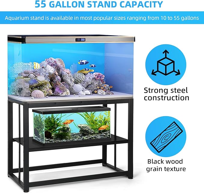 VOWNER 55-75 Gallon Fish Tank Stand - Metal Aquarium Stand, 48.4" x 14.9" x 29.5" Heavy Duty Reptile Tank Stand, Adjustable 2-Tier Fish Tank Rack Shelf for Home Office, Tank not Included, Black