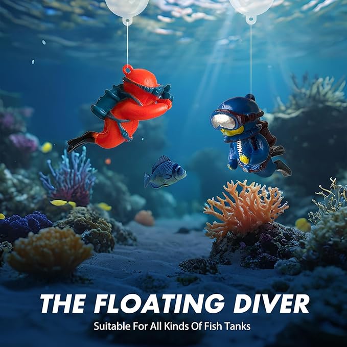 4PCS Fish Tank Decorations Set – Resin Shipwreck & Barrel with 2 Floating Diver Figurines, Aquarium Decor Ornaments for Betta Fish Goldfish Shrimp, Safe Hideouts Decor for Small Tanks
