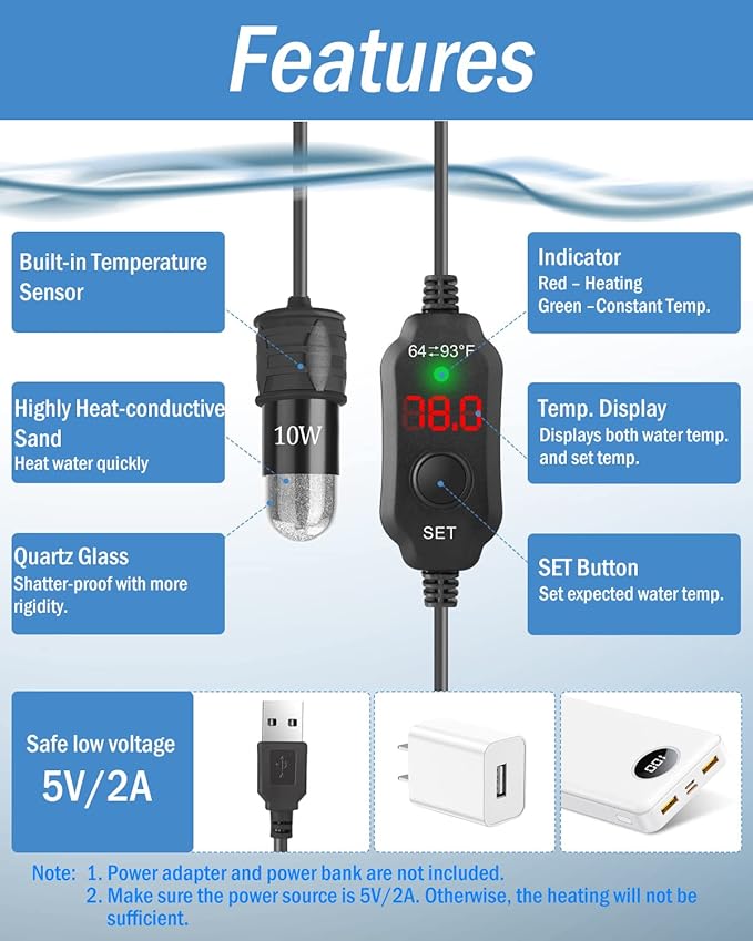 AquaMiracle Mini Aquarium Heater 5V/2A USB 10W Small Fish Tank Heater for Tanks up to 1 Gal, Digital Display Thermostat Betta Heater with Dry-Run & Overheat Protection, Memory Function