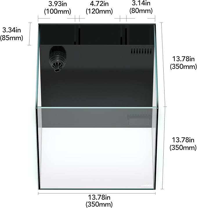LANDEN 35C 7.2 Gallon Ultra Clear All Glass Rimless Low Iron Aquarium Tank with Rear Filtration Chamber(Pump Included) for Salt and Fresh Water.13.8''Wx13.8''Dx13.8''H 35cm Cube in 6mm Thickness
