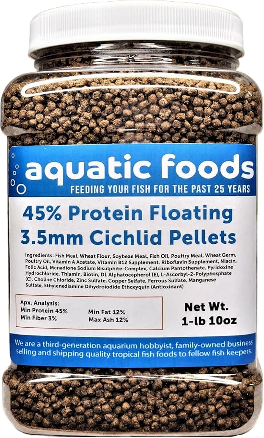 Cichlid Pellets, 45% Protein Floating 3.5mm (9/64") Pellets for Discus,Oscars, Central American, South American Cichlids…1-lb 10oz Med Jar