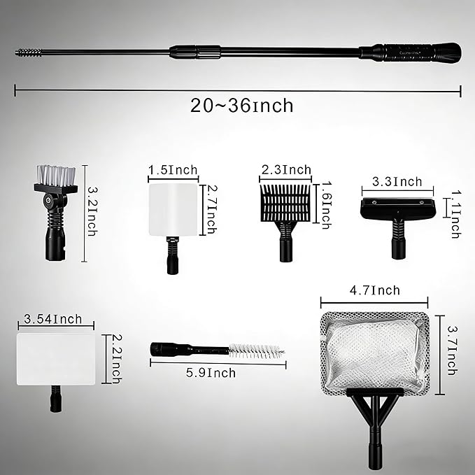 Carefree Fish 6IN1+1 (2026 New Upgrade Edition) Aquarium Cleaning Tools Long Handle Adjustable Length 20~36Inches Fish Tank Cleaner Kit Algae Scraper Scrubber Brushes Set