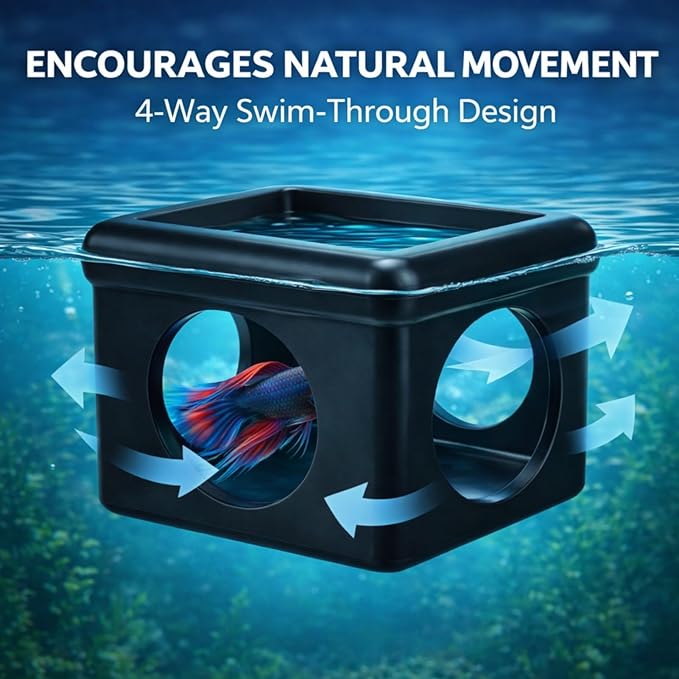 Black Floating Betta Fish Hideout with Round Holes & Window – Floating Cave Hammock, Feeding Platform & Resting Tunnel – Betta Fish Shelter for Nano Tanks, Bowls & Small Aquariums