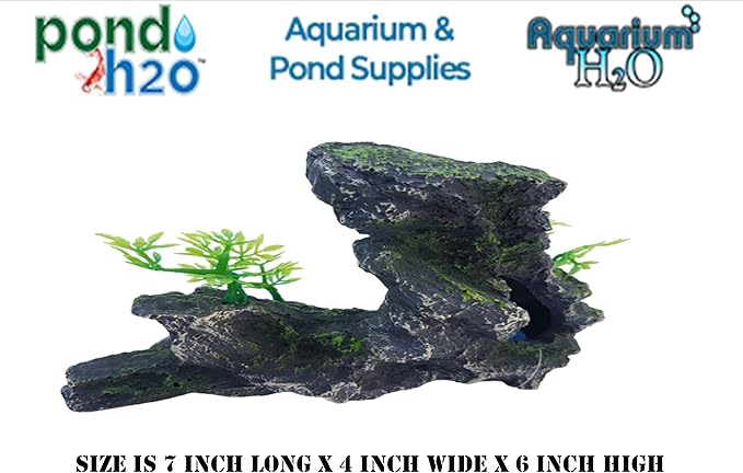 Gray Boulder Rock Outcrop Ledge Ornament, 6 Inches Tall with Plastic Seaweed Plants, Artificial Aquarium & Fish Tank Stepped Decoration Ornament, Fish, Reptile & Turtle Safe Polyresin