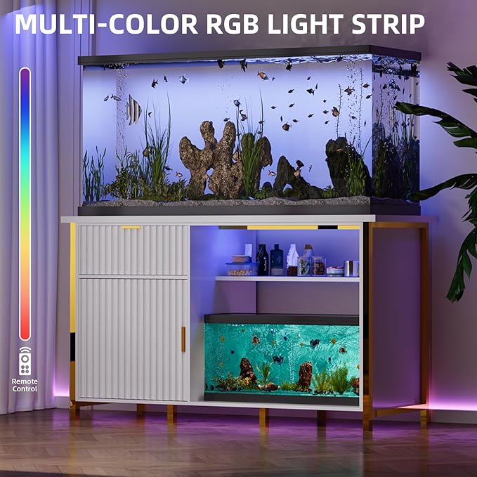 55-75 Gallon Fish Tank Stand with Power Outlets, LED Light, Vertical Lines, Heavy Duty Aquarium Stand with Cabinet for Fish Tank Accessories Storage, Turtle Tank, Reptile Terrarium, 1100LBS, White