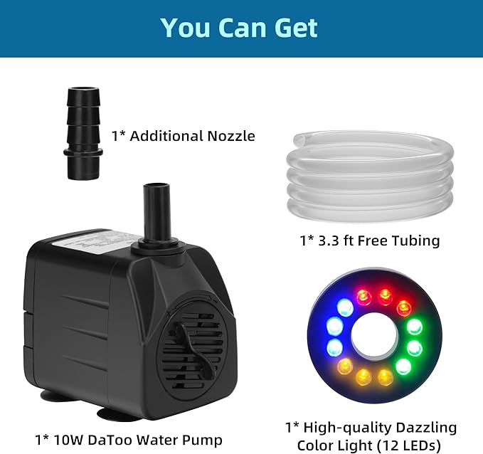 DaToo Mini Submersible Fountain Water Pump With LED Light 160GPH 10W Small Ultra Quiet Water Pump With Tubing For Aquarium Fish Tank Outdoor Pond Water Feature Fountain Statuary
