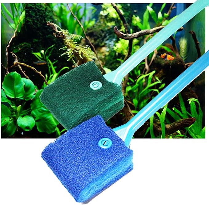 Aquarium Algaes Scraper Double Sided Sponge Brush Cleaner Long Handle Fish for Tank Scrubber for Glass Aquariums 15.8 in