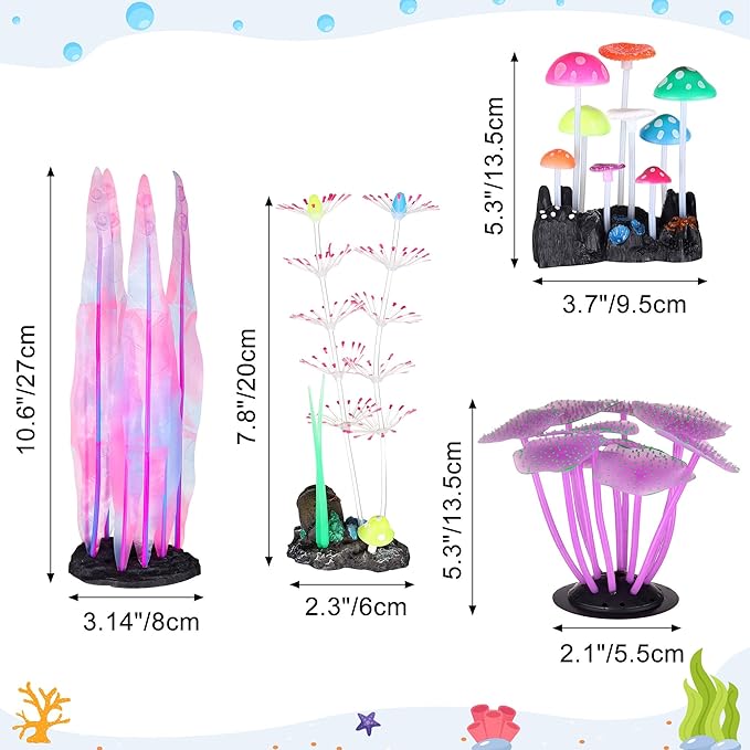 4 Pack Aquarium Fish Tank Decorations, Soft Silicone Coral Reef Plant Mushroom Kelp Decorations Glowing Artificial Ornament for Aquarium Fish Tank Glow Ornament
