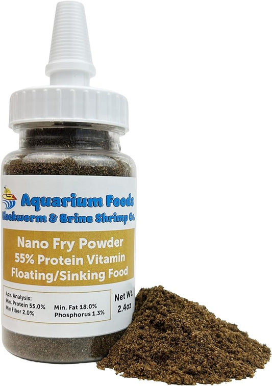 Nano Fry Powder, 55% Protein Vitamin Rich Floating/Slow Sinking Powdered Fry Growth Food for All Tropical Fish, Baby Cichlids, Bettas, Tetras, Guppies...2.4oz Squeeze Bottle