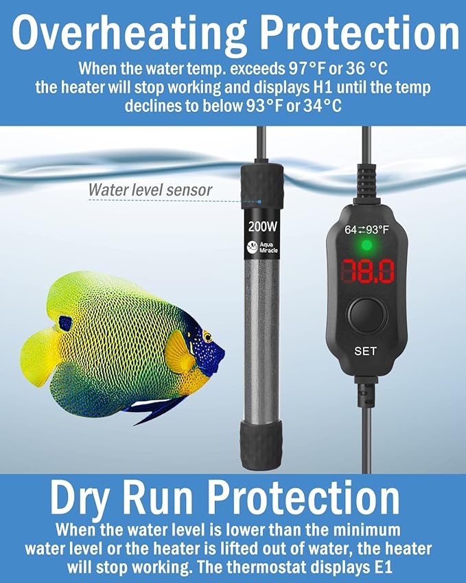 AquaMiracle Aquarium Heater 200W Fish Tank Heater for 20-40 Gal Tanks, LED Digital Display Thermostat Turtle Heater with Out-of-Water Auto Shut-Off, Overheat Protection & Memory Function