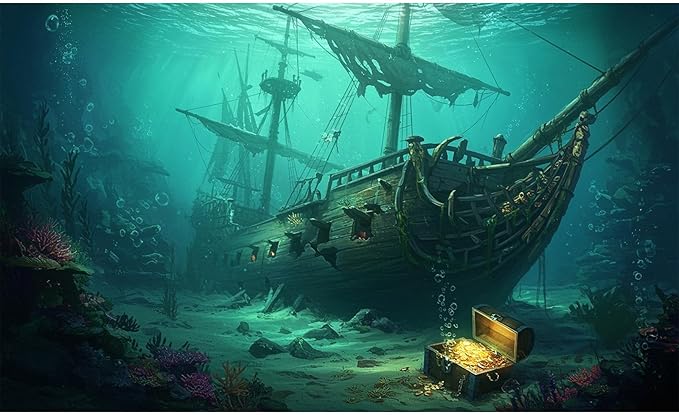 Sunken Pirate Ship Aquarium Background Deep Sea Ocean Floor Sand Corals Treasure Chest Fish Tank Background Broken Masts Tattered Sails Aquatic Plants Terrarium Backgrounds for Tank Decors 24x12in