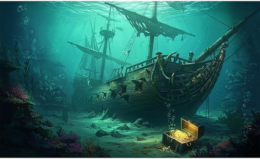Sunken Pirate Ship Aquarium Background Deep Sea Ocean Floor Sand Corals Treasure Chest Fish Tank Background Broken Masts Tattered Sails Aquatic Plants Terrarium Backgrounds for Tank Decors 72x16in