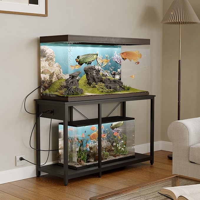 Beuruku 55-75 Gallon Fish Tank Stand with Power Outlet & LED Light, Metal Aquarium Stand with 3 Tier Adjustable Storage Shelves, for Reptile & Turtle Tank, 52" L*19.5" W, Black