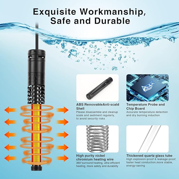AQQA Aquarium Heater,300W 500W 800W 1000W 1200W Fish Tank Heater,59℉-93℉ Submersible Intelligence Aquarium Heater with Over-Temperature Dry Burning Protection (800W(for 80-210 Gallon))