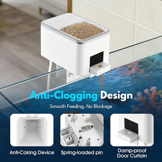 Automatic Fish Feeder for Aquarium, Moisture-Proof Adjustable Food Dispenser, APP Control with Timer, Four Precision Feed Funnels USB Powered Suitable for Small Tank Pelleted Food Black