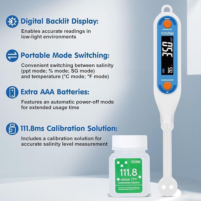 YINMIK Food Salinity Meter Salt Meter, Digital Salt Tester for Food, Food Sodium Tester, Sodium Checker at Home with 3 Salt Modes - PPT% SG, Portable Sodium Chloride Reader, Sodium Tester for Water