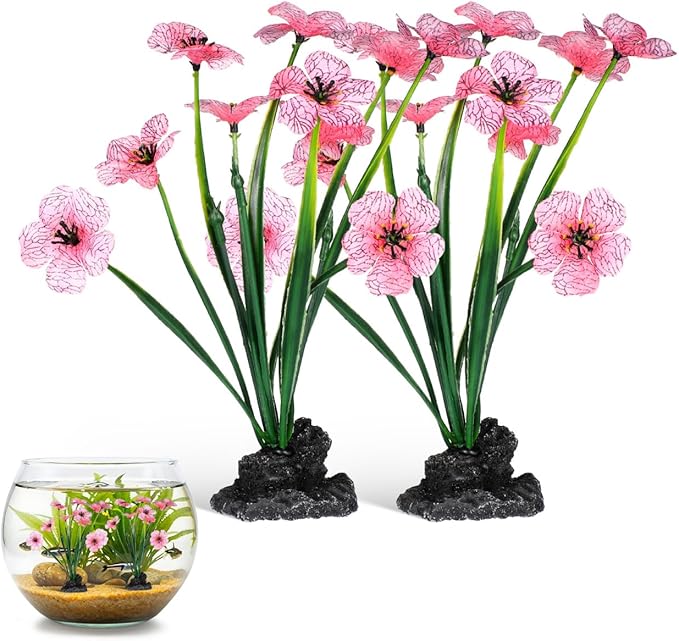 UKCOCO 2Pcs Artificial Aquarium Plants : Realistic Plastic Fish Tank Decorations, Pink Water Grass for Aquariums, 2.16x1.77x8.25in