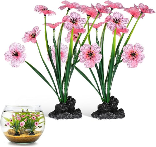 Veemoon 2 Pcs Pink Aquarium Artificial Plants, 7.47 Inch Tall Fake Lotus Flower Decor, Plastic Betta Fish Tank Desktop Bowl Accessories