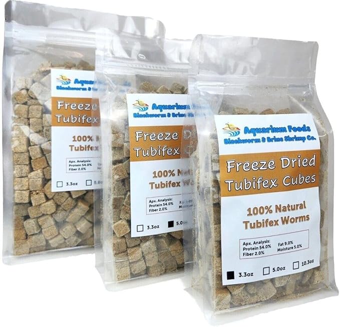 Tubifex Worm Cubes, Floating Freeze Dried Tubifex Worm Cubes, All Tropical Fish, Cichlids, Discus, Tetras, Bettas, Goldfish, Catfish, Marine Fish, Koi & Pond Fish…3.3oz Clear Bag