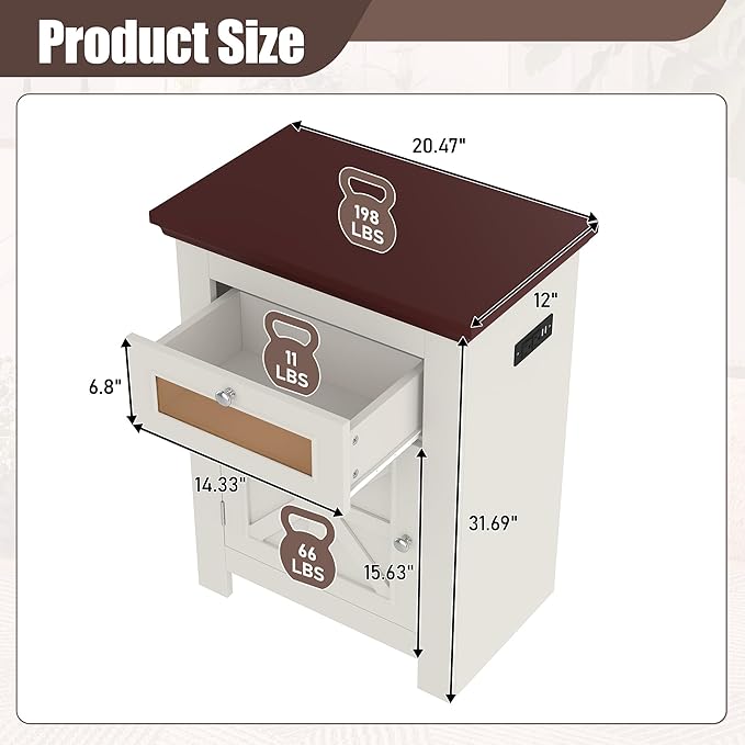 10-15 Gallon Fish Tank Stand, Farmhouse Aquarium Stand with Power Outlets, Storage Cabinet and Drawer, Wood Fish Tank Table for Reptile/Turtle/Terrarium Tank, 198LBS Capacity, Beige
