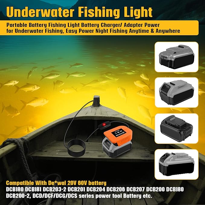 Underwater Fishing Warm Light Compatible with DeWalt 20V Battery,1300 Lumens, LED Light for IP68 Waterproof Submersible Fish Attracting, Night Fishing for Docks Boats or Kayaks(no Battery)