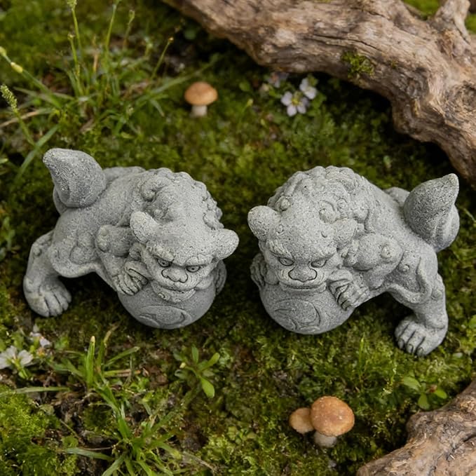 livelyfish Aquarium Fu Foo Dogs Statue Decorations A Pair of Asian Sandstone Lion Figures Sculpture for Fish Tanks Garden Bonsai Decor Gifts,E
