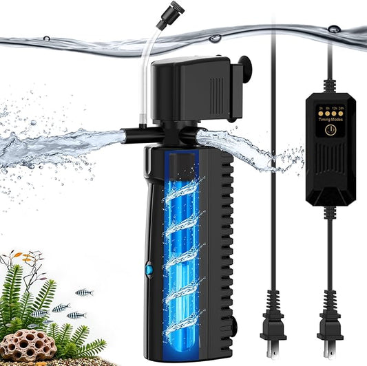 Aquarium U-V Filter for Green Water, Fish Tank Filter with U-V Light & Timer, Turtle Tank Filter with Dual Outlet & Aeration, for 60-150 Gallon Freshwater & Saltwater