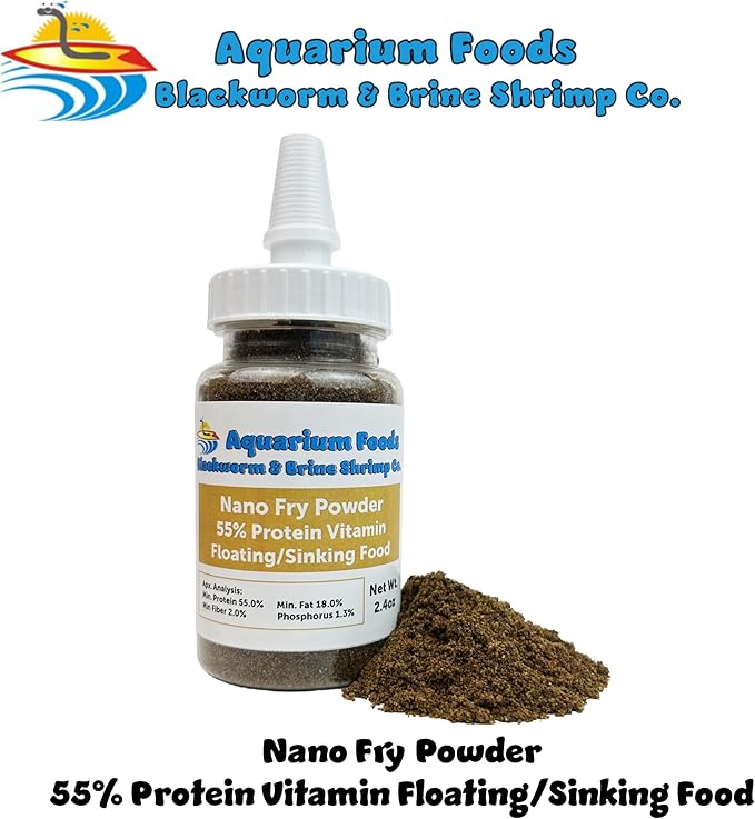 Nano Fry Powder, 55% Protein Vitamin Rich Floating/Slow Sinking Powdered Fry Growth Food for All Tropical Fish, Baby Cichlids, Bettas, Tetras, Guppies...2.4oz Squeeze Bottle
