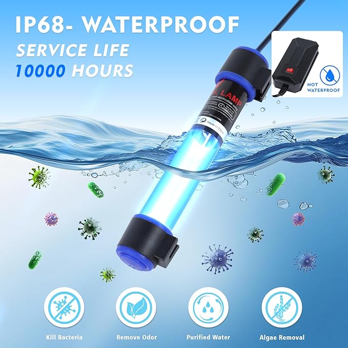 5W UVC Aquarium Light for Fish Tank and Pond – Quartz Tube Waterproof UV Lamp, Water Clarifier for Clearer Water