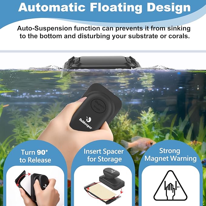 fishkeeper Magnetic Aquarium Glass Cleaner, Dual-Blades Algae Fish Tank Glass Cleaner Brush for 0.2-0.4 Inch Thick Glass Aquariums Tank, Self-Floating Scrubber Brush with 4 Detachable Scraper (M)