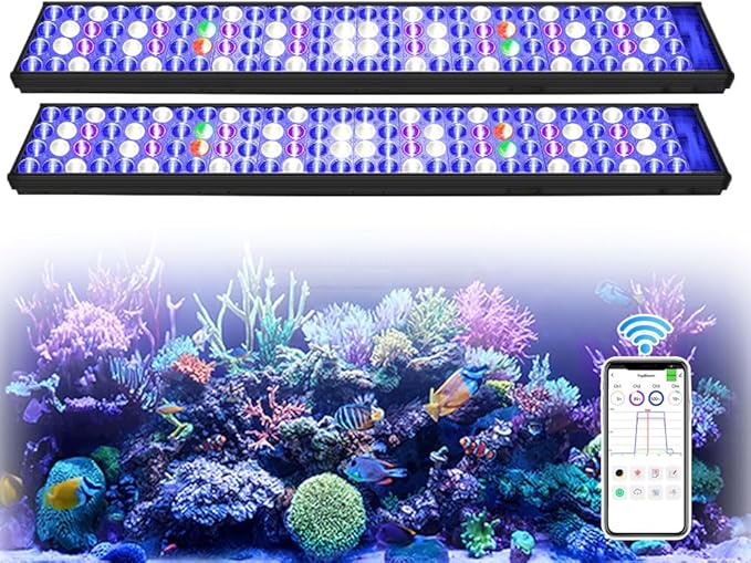 PopBloom H75 WiFi 2PCS Reef Marine LED Light for 180cm 6ft 72inch Saltwater Coral Reef Marine Aquarium Fish Tank, Full Spectrum Programmable 4 Channels, Sunrise Sunset, Lunar Cycle