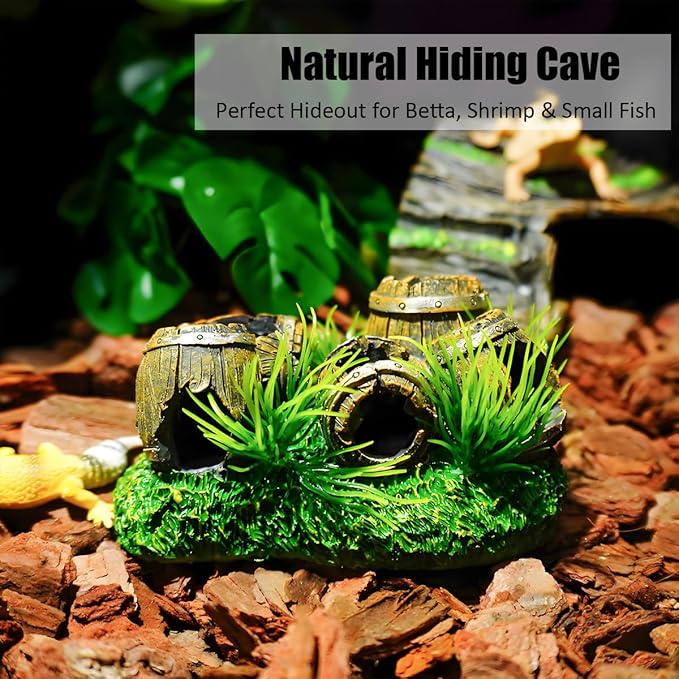 Aquarium Decorations Cave – Resin Fish Tank Ornament Barrel Hideout for Betta, Shrimp & Small Fish, Rock Cave Shelter Breeding & Hiding Decor Broken Barrel Aquarium Decoration (Broken Barrel-01)