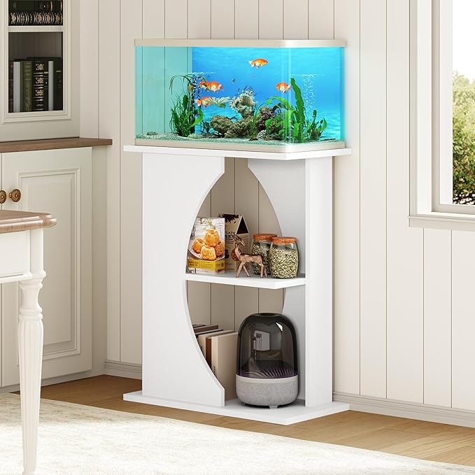 MAHANCRIS 10 Gallon Fish Tank Stand, Wooden Aquarium Stand with 3-Tier Storage Shelves, Heavy Duty Turtle Reptile Terrarium Tank Stand for Home Office, 23.6" L x 11.8" W x 29.9" H, White FTWT7601