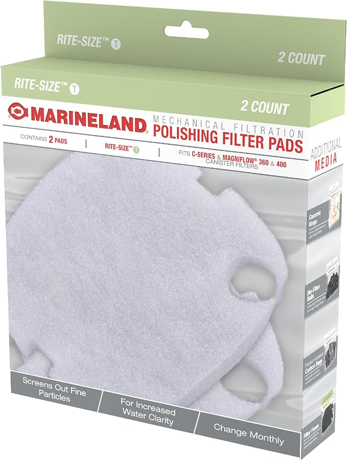 Marineland Polishing Filter Pads, 2 Count, Support Mechanical Aquarium Filtration, Rite-Size T, Fit C-Series and Magniflow 360 and 400 Canister Filters