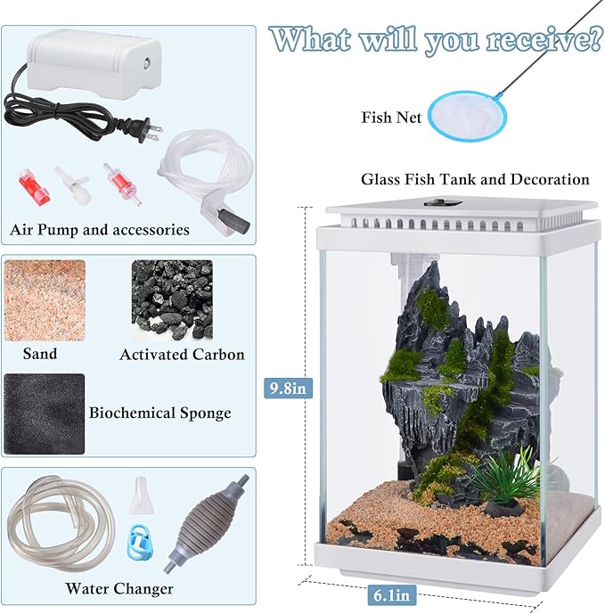 FEDOUR Small Glass Aquarium, 1 Gallon Desktop Fish Tank, Betta Fish Tank, Mini Aquarium Starter Kit with Air Pump LED Light Decoration Water Changer Fish Net (White)